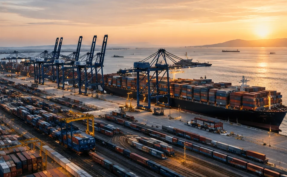 Illustrative container terminal at sunset: gantry cranes, stacked containers, rail wagons and a berthed vessel