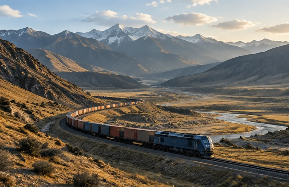 Illustrative freight train moving through a mountain corridor